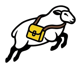 Mascotte sheepfeat — un mouton bondissant avec une sacoche